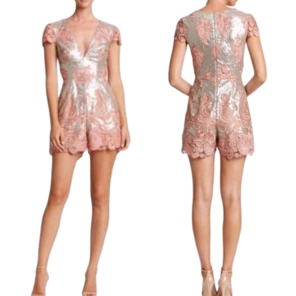 Dress The Population Sabrina Sequin Lace Romper Dusty Rose Silver